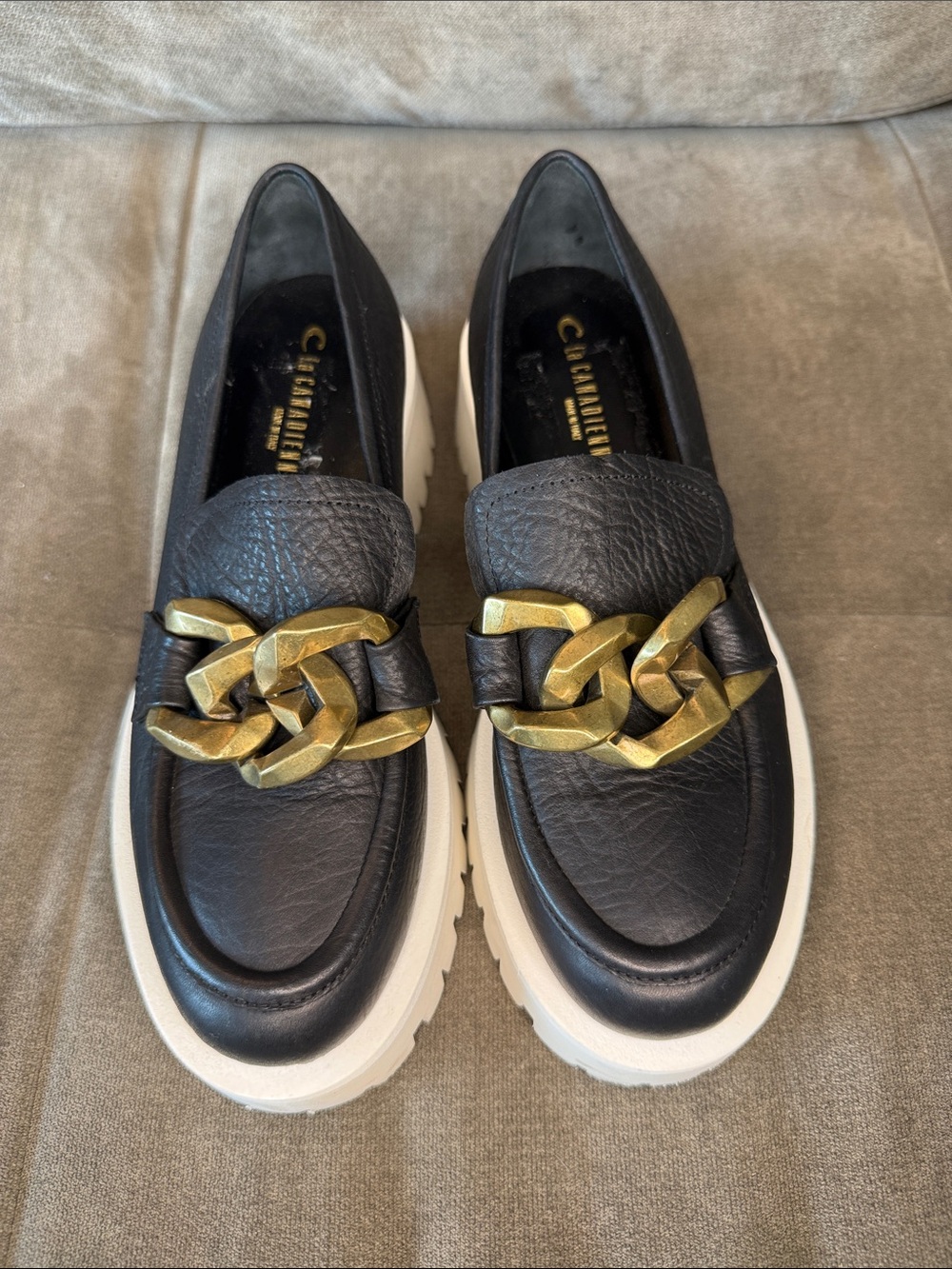 La CANADIENNE Chunky Black Leather Loafers with Gold Chain Accent